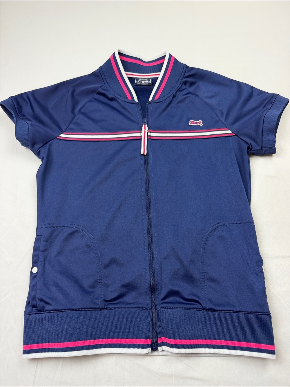 Le Tigre Vintage Navy Short-Sleeve Zip Track Jacket with Pink Trim